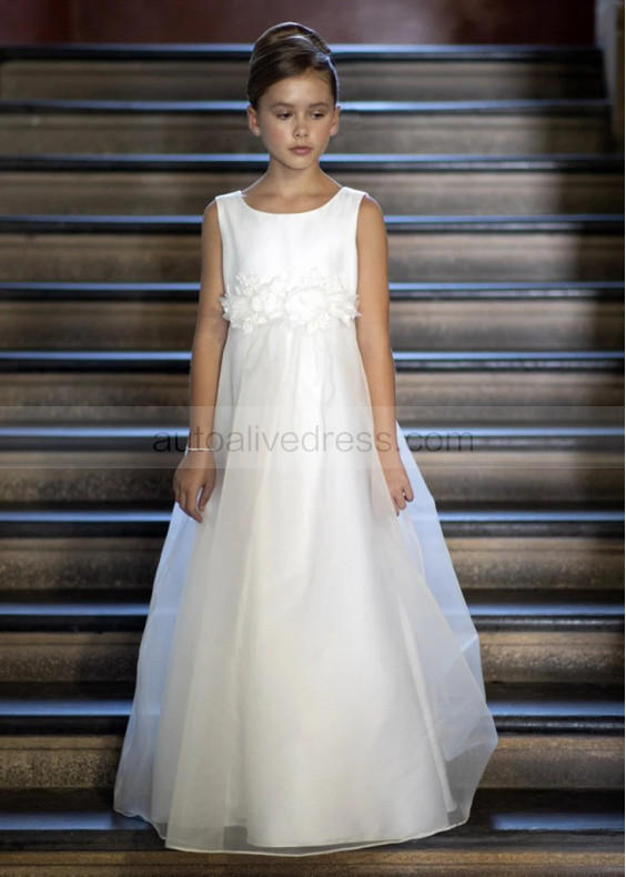 Ivory Satin Organza Flower Girl Dress With Flower Sash